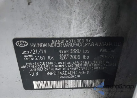 2014 Hyundai Elantra Se z USA, uszkodzony, nr VIN 5NPDH4AE4EH476600